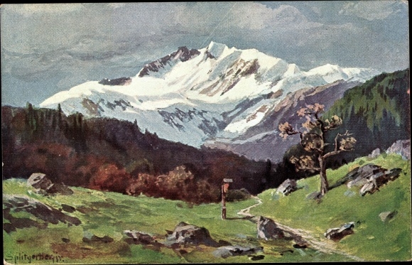 Künstler Ak Splitberger, Gebirgslandschaft, Spitze, Wiese, Baum