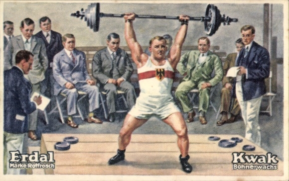 Collector's picture Erdal-Kwak series picture, Rotfrosch brand, floor wax, weight lifting, heavyweight