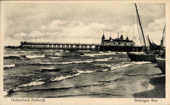 Postcard Baltic Sea resort Ahlbeck on Usedom, choppy sea, pier