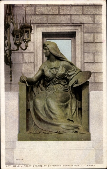 Postcard Boston Massachusetts USA, Public Library, Bela Lyon Pratt Statue