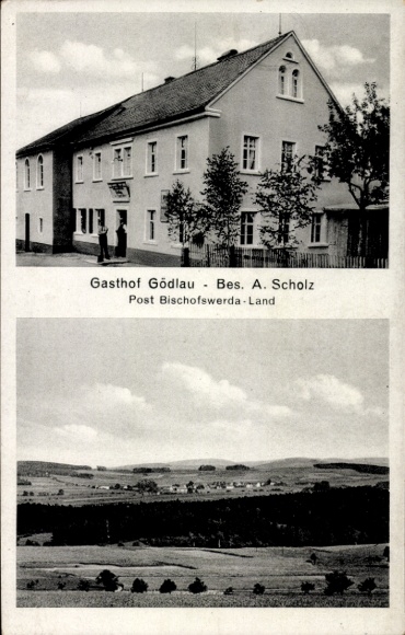 Ak Gödlau Rauschwitz Elstra Oberlausitz, Gasthof Gödlau, Bes. A. Scholz, Panorama