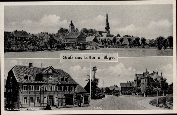 Postcard Lutter am Barenberge in Lower Saxony, partial view, Hermes commercial building, market