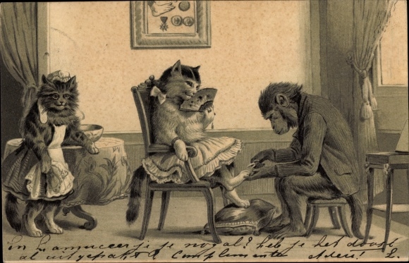 Chromo-Litho Humanized animals, chimpanzee cuts cat's claws, maids