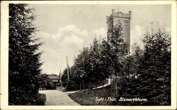 Postcard Suhl in Thuringia, Bismarck Tower, forest, road, clouds,