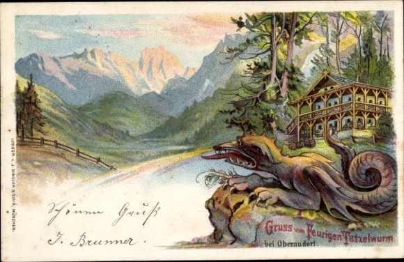Chromo-Litho Oberaudorf in Upper Bavaria, Gasthaus Feuriger Tatzlwurm, mountains, dragon