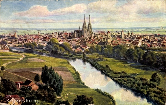 Artist Postcard Regensburg on the Danube Upper Palatinate, total view of the city