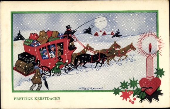 Artist Postcard Schermele, W., Congratulations Christmas, carriage, candle, heart