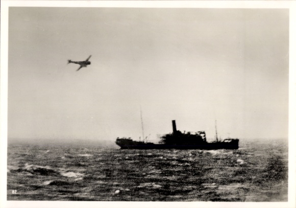 Photo German fighter plane bombards British steamer in the English Channel, April 1940, WWII
