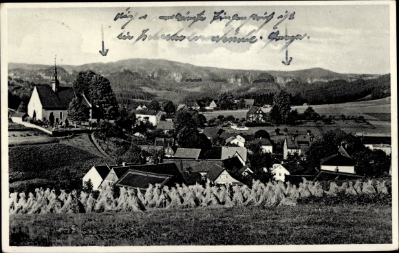 Postcard Hinterhermsdorf Sebnitz Saxony, panorama with church