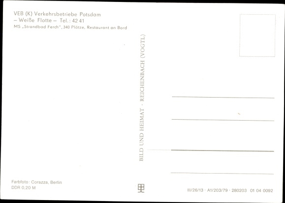 Postcard Potsdam, VEB Verkehrsbetriebe, Weiße Flotte, MS Strandbad Ferch