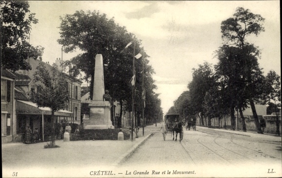 Postcard Créteil Val de Marne, monument, Grande Rue, horse-drawn carriage, trees, architecture