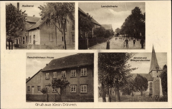 Postcard Klein Döhren Liebenburg am Harz, church, commercial building, dairy, war memorial