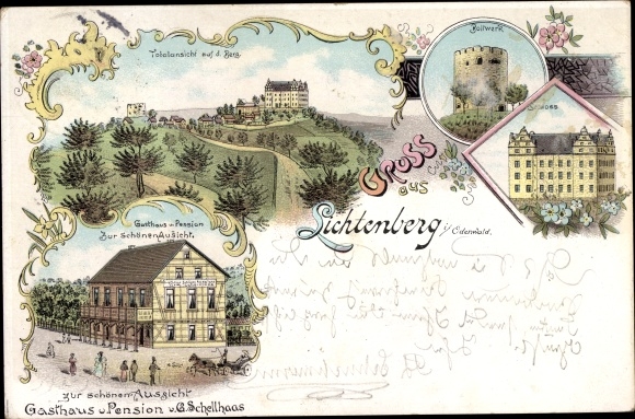 Chromo-Litho Lichtenberg Fischbachtal in the Odenwald, castle, bulwark, inn for the beautiful view