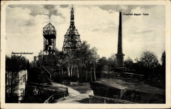 Postcard Pulsnitz in the district of Bautzen, Bismarck Monument, Friedrich August Column, Keulenberg Mountain Lodge