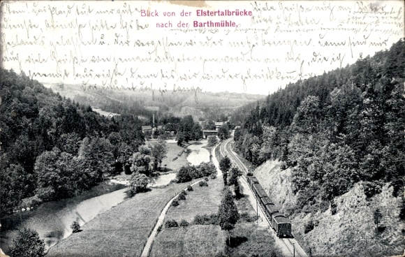 Postcard Barthmühle Pöhl in Vogtland, view from the Elstertal bridge, railway line, steam locomotive