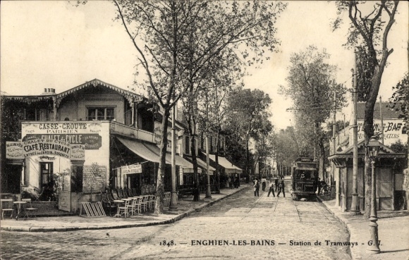 Postcard Enghien les Bains Val d'Oise, Station de Tramways, Cafe Restaurant