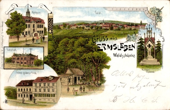 litho Ermsleben Falkenstein Harz, treinstation, stadhuis, oorlogsmonument, Hotel Goldener Ring