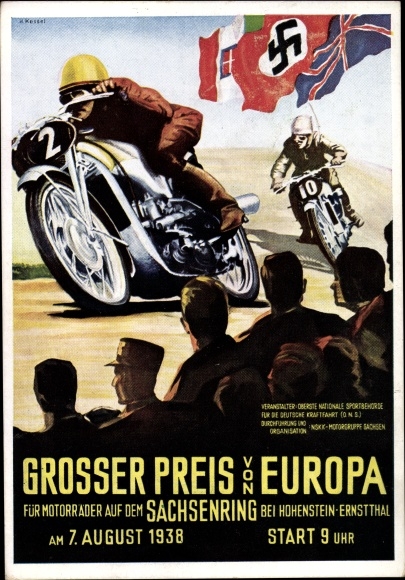 Künstler Ak Hohenstein Ernstthal Sachsen, Großer Preis v. Europa 1938, Sachsenring, Motorräder, NSKK