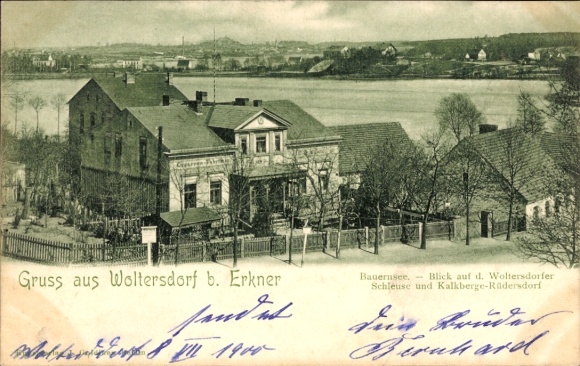 Ak Woltersdorf bei Berlin,  aus  Blick auf Bauernsee, Woltersdorfer Schleuse, Kalkberge