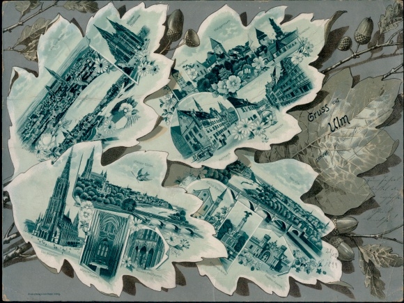 Giant oak leaf litho Ulm on the Danube, Münster, monument, panorama, partial views