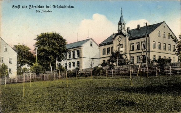Postcard Börnichen in the Ore Mountains, with school buildings, garden, fence, successful color scheme