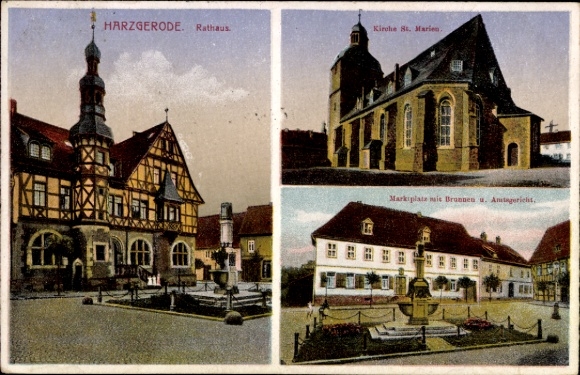 Ak Harzgerode am Harz, Rathaus, Kirche St. Marien, Marktplatz, Brunnen