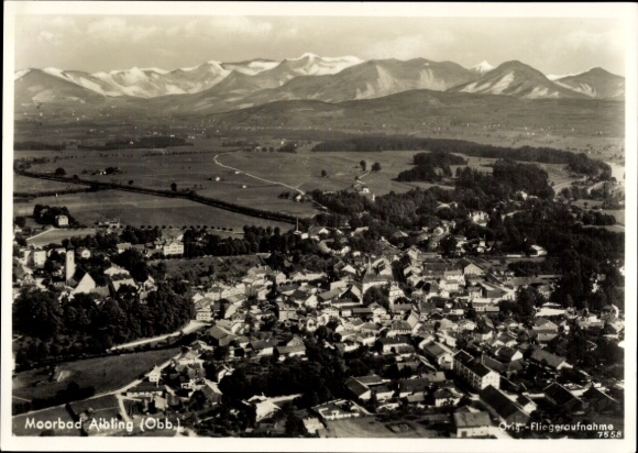 Postcard Bad Aibling in Upper Bavaria, aerial view of the town with mountains in the background