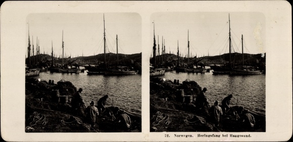 Stereo photo Haugesund Norway, herring fishing, fisherman
