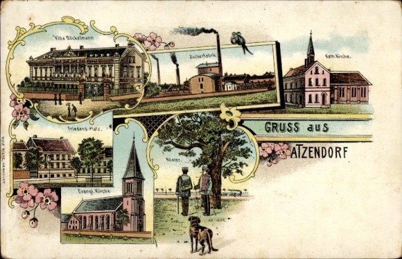 Chromo-Litho Atzendorf Staßfurt in the Salzlandkreis, Villa Böckelmann, sugar factory, Friedensplatz, church