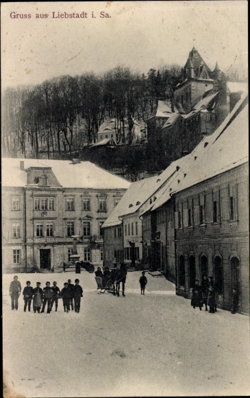 Postcard Liebstadt Erzgebirge Sachsen, partial view in winter, sleigh team