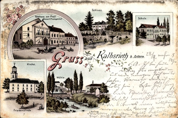 Litho Kalbsrieth im Kyffhäuserkreis, Schloss, Gasthaus zur Post, Kirche, Schule