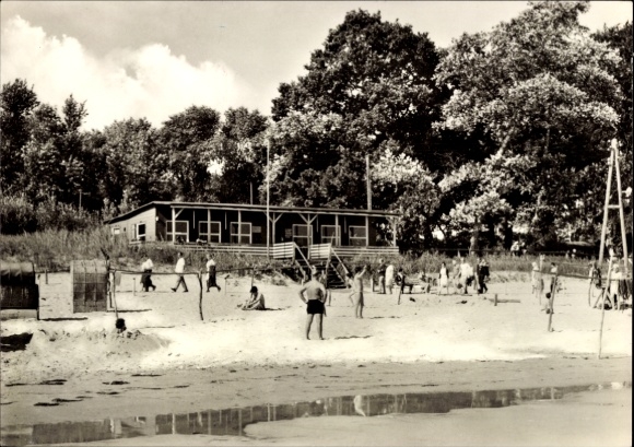 Postcard Ostseebad Kölpinsee on Usedom, beach, people at the water, beach hall, trees, coastal atmosphere