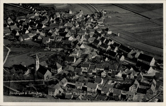 Postcard Nendingen Tuttlingen an der Donau Württemberg, aerial photograph Nendingen, houses, church, fields