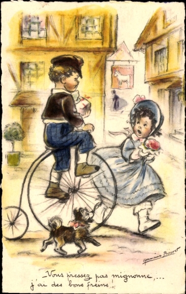 Artist Postcard Bouret, A boy on a bicycle, penny-farthing with a dog. He...