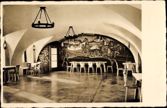 Postcard Irsee in Schwaben, Klosterbraustübl, interior view, mural