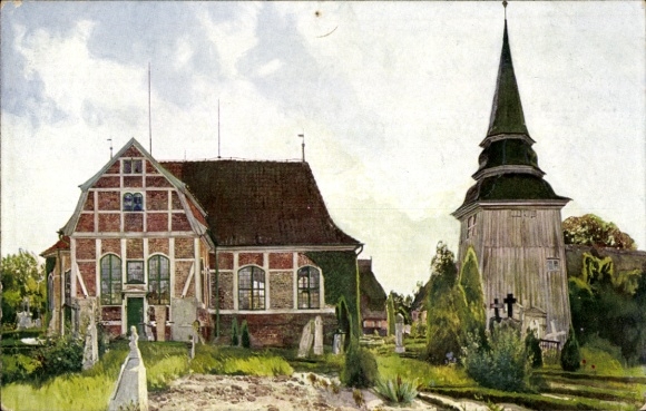 Kunstenaarsbriefkaart Hamburg Bergedorf Curslack, kerk, begraafplaats