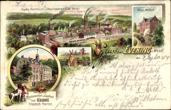 Litho Eveking Werdohl im Sauerland, Kupfer Aluminium u. Messingwerke, Gasthof zur Krone, Post