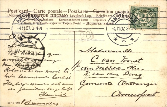 Artist Postcard Donadini Jr., car breakdown, automobile on the street being repaired