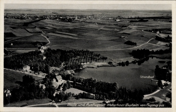 Ak Buxheim in Schwaben, Ausblick auf Weiherhaus- Liegewiese, Strandbad, Flugzeugaufnahme