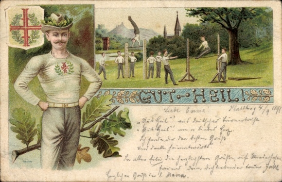 Chromo-Litho Plattling in Lower Bavaria, gymnasts, gymnastics, coat of arms, Gut Heil