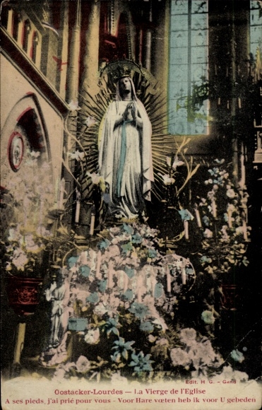 Ak Oostacker Lourdes Oost-Vlaanderen, Oostacker-Lourdes, Mariabeeld, bloemstuk