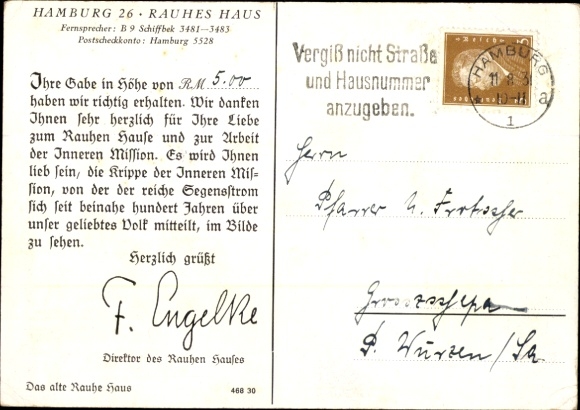 Postcard Hamburg Mitte Horn, Rauhes Haus, Director Engelke, quote, half-timbered building