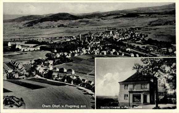 Postcard Cham in the Upper Palatinate, aerial photograph, general goods by Fanny Paulus