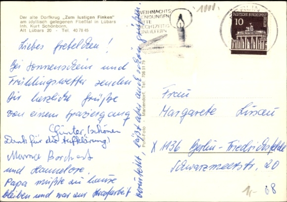 Postcard Berlin Reinickendorf Lübars, Dorfkrug Zum lustigen Finken, exterior and interior view, garden tables
