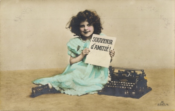 Postcard Young Girl at a Typewriter, Souvenir d'Amitié