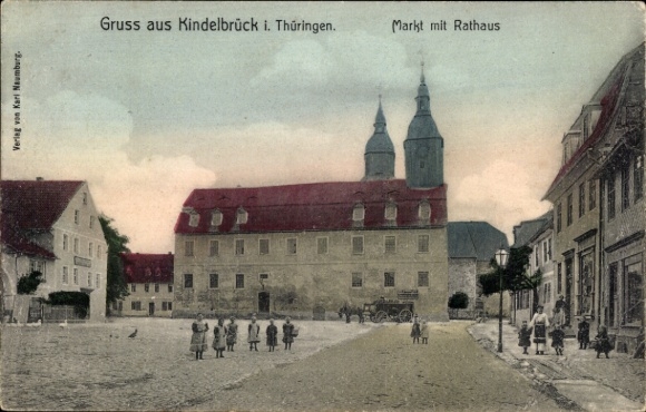 Postcard Kindelbrück in Thuringia, market, town hall