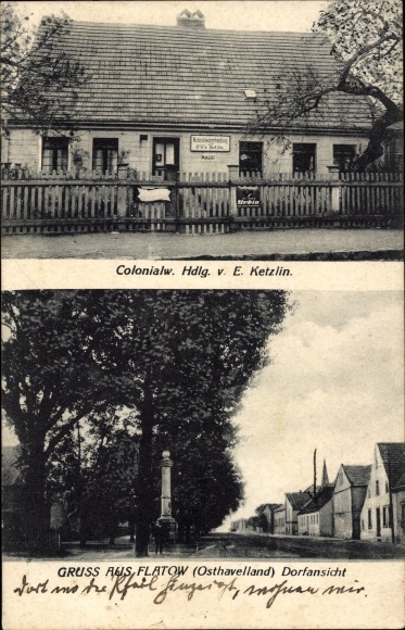 PC Flatow Kremmen in der Mark, E. Ketzlin grocery store, village street, monument