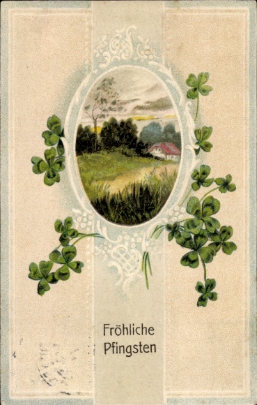 Embossed Postcard Congratulations Pentecost, house, lucky clover