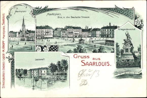 Chromo-Litho Saarlouis Saarland, German street, military hospital, market square, war memorial