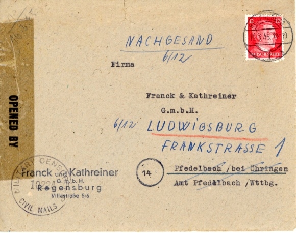 Michel nr 827 w liście, Überroller Regensburg 16 marca 1945, cenzura